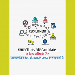 Illustration of a recruitment process with keywords like skill, search, interview, and application.