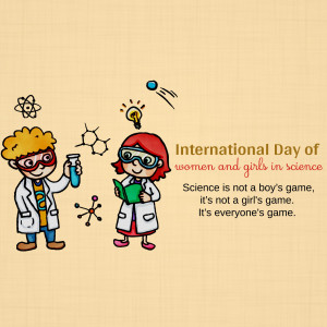 Illustration of a boy and girl in lab coats conducting science experiments, celebrating International Day of Women and Girls in Science.