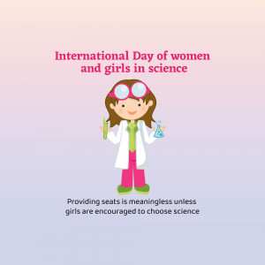 Illustration of a young girl in a lab coat with beakers, celebrating International Day of Women and Girls in Science.