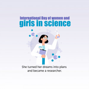 Illustration of a female scientist holding a beaker with scientific diagrams around her.
