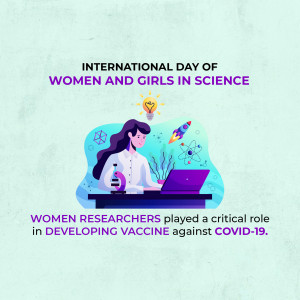 Illustration of a woman scientist working at a lab with a laptop, celebrating International Day of Women and Girls in Science.
