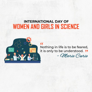 Graphic celebrating International Day of Women and Girls in Science with Marie Curie quote.