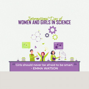 Illustration celebrating International Day of Women and Girls in Science with scientists and a quote by Emma Watson.
