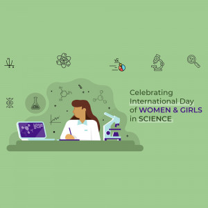 Illustration of a woman scientist working in a lab with scientific equipment and molecules, celebrating International Day of Women and Girls in Science.