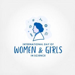 Illustration celebrating International Day of Women and Girls in Science with a profile of a woman and science-related icons.