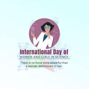 Illustration of a female scientist with text celebrating International Day of Women and Girls in Science
