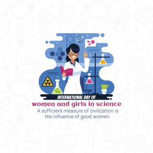 Illustration of a female scientist with science-related imagery and text celebrating International Day of Women and Girls in Science.