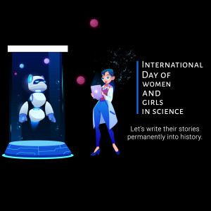 Illustration of a female scientist with a robot in a futuristic setting, celebrating International Day of Women and Girls in Science.