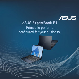 ASUS ExpertBook B1 laptop displayed in a promotional image.