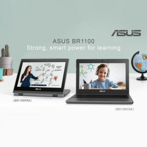 Two ASUS BR1100 laptops displaying online learning content, with educational props in the background.