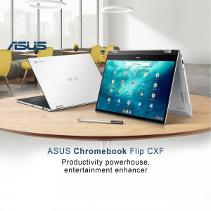 ASUS Chromebook Flip CXF laptop displayed on a wooden table with a stylus.