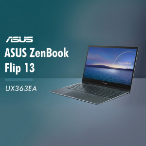 ASUS ZenBook Flip 13 UX363EA convertible laptop on a teal background