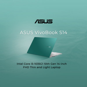 ASUS VivoBook S14 laptop in teal color, showcasing its sleek design.