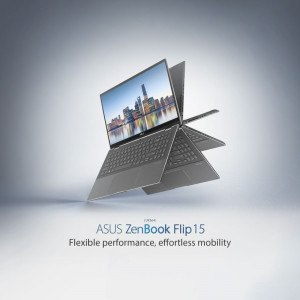 ASUS ZenBook Flip 15 laptop showcasing its 360-degree hinge and sleek design.
