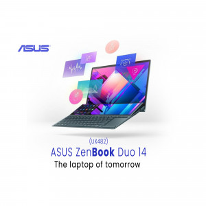 ASUS ZenBook Duo 14 laptop with dual screens and creative app icons