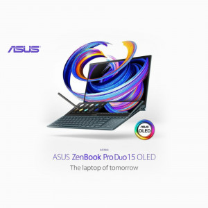 ASUS ZenBook Duo 15 OLED laptop with a colorful abstract design