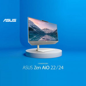 ASUS Zen AiO 22/24 all-in-one computer with a mountain landscape displayed on the screen