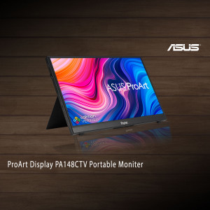 ASUS ProArt PA148CTV Portable Monitor on a wooden surface