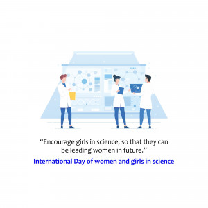 Illustration of scientists working in a lab with a motivational quote.