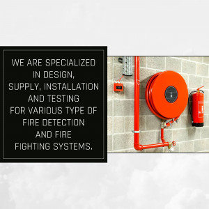 Fire hose reel and fire extinguisher on a wall with text about fire safety services.