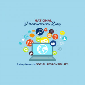 Illustration for National Productivity Day featuring digital icons and a laptop.