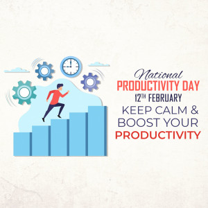 Illustration depicting a man climbing stairs representing progress, with gears and a clock symbolizing productivity, celebrating National Productivity Day.