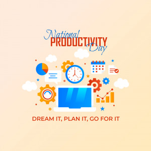 Illustration celebrating National Productivity Day with icons representing planning, technology, and goal achievement.