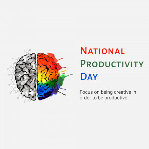 Image depicting a brain split into a detailed grey section and a colorful, artistic section with the text 'National Productivity Day'