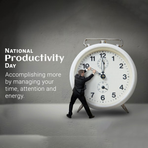 A miniature man appears to be turning the hands of a large clock forward, symbolizing increasing productivity.