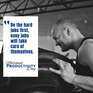 Man lifting a tire with motivational quote for National Productivity Day