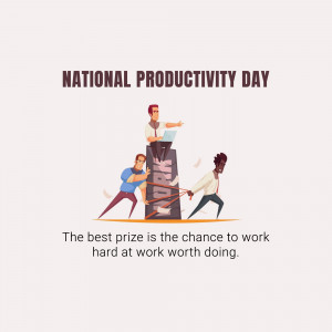 Illustration depicting a team working together to build a tower of blocks labeled 'PRIZE', celebrating National Productivity Day.