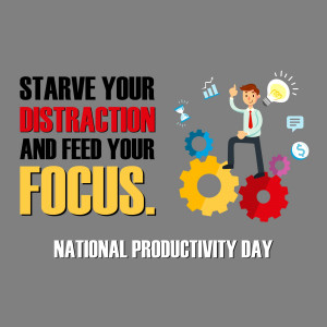 Motivational quote about focus and productivity with a businessman illustration.
