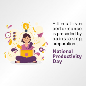 Illustration of a woman working on a laptop with productivity themed icons around her, celebrating National Productivity Day.