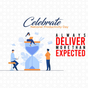 Illustration celebrating National Productivity Day with people working and a hourglass.