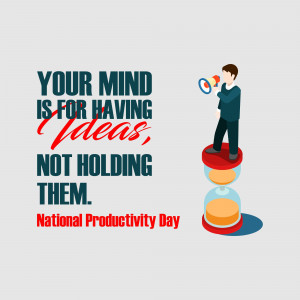 Illustration of a man on an hourglass with text promoting National Productivity Day.