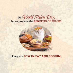 Assortment of pulses and legumes on a wooden surface with text promoting World Pulses Day.