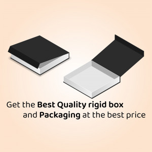 Two rigid gift boxes, one closed and one open, on a peach background with text promoting quality and price.