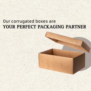 Two corrugated cardboard boxes, one open, on a beige background with text overlay.