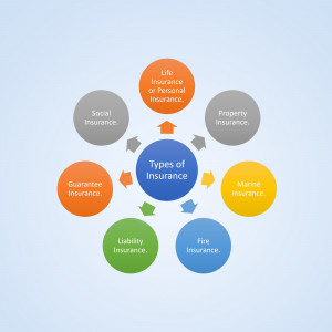 Diagram illustrating different types of insurance including life, property, social, guarantee, marine, liability, and fire insurance.