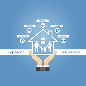 Illustration depicting various types of insurance coverage with a house and family at the center.