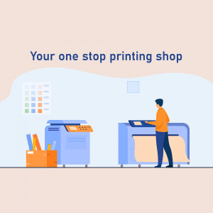 Illustration of a man using a large format printer in a printing shop.