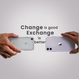 Two hands holding different iPhone models with the text 'Change is good. Exchange is better.'