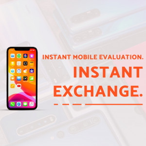 Smartphone displaying app icons with text promoting instant mobile evaluation and exchange.