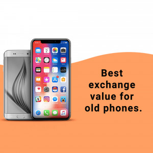 Two smartphones, an iPhone and a Samsung, with text promoting phone exchange value.