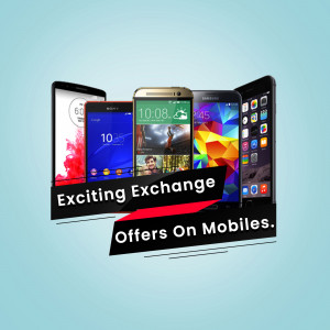 Multiple smartphones displayed with an exchange offer banner.