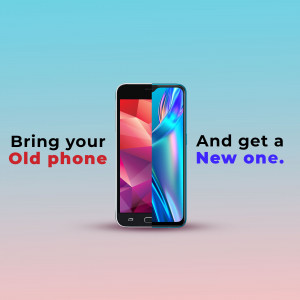 Smartphone with a split screen showing old and new phone displays, advertising a phone upgrade offer.