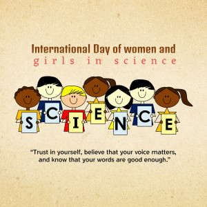 Illustration of diverse group of children holding letters spelling 'SCIENCE' for International Day of Women and Girls in Science