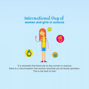 Illustration of a female scientist with science-related icons, celebrating International Day of Women and Girls in Science.