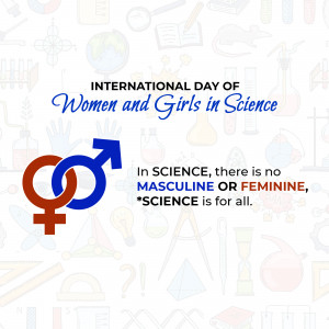 Image celebrating International Day of Women and Girls in Science with gender symbols and text promoting inclusivity.