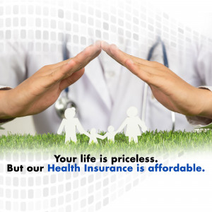 Hands protecting a family silhouette over a green field, promoting affordable health insurance.